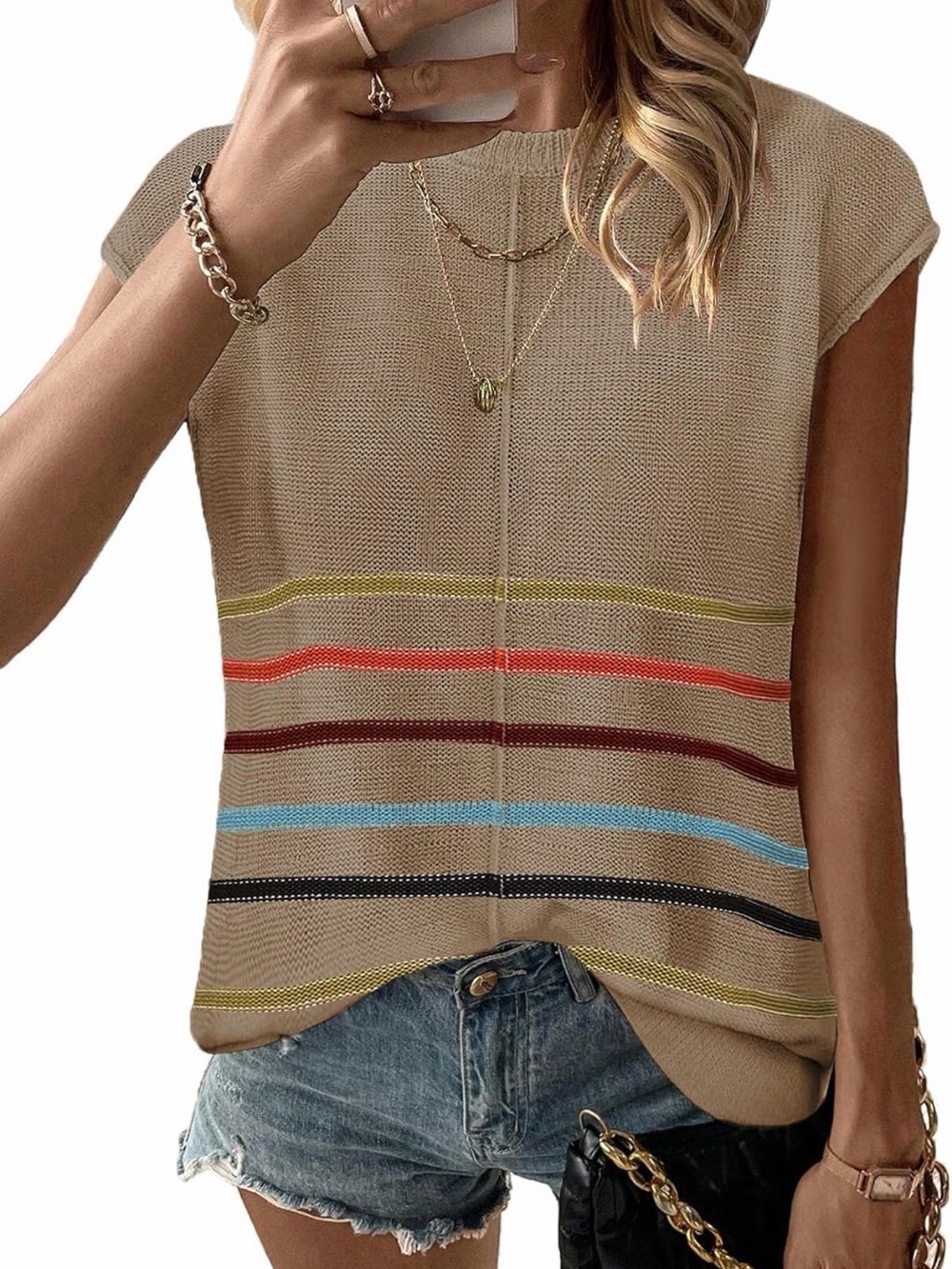 Beige Striped Knit Cap Sleeve Top - Casual sweater vest